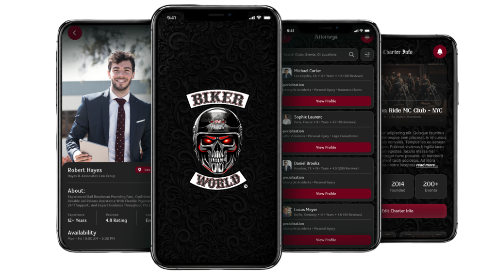 Biker World app preview mockups