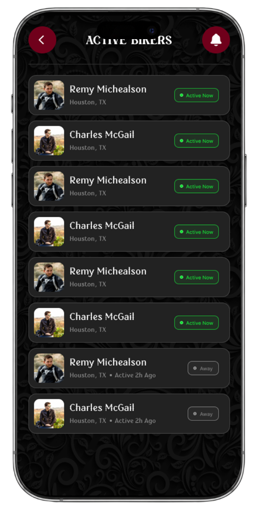 Biker World Active Bikers list screen
