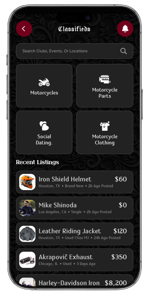 Biker World Classifieds screen with motorcycles, parts and clothing categories