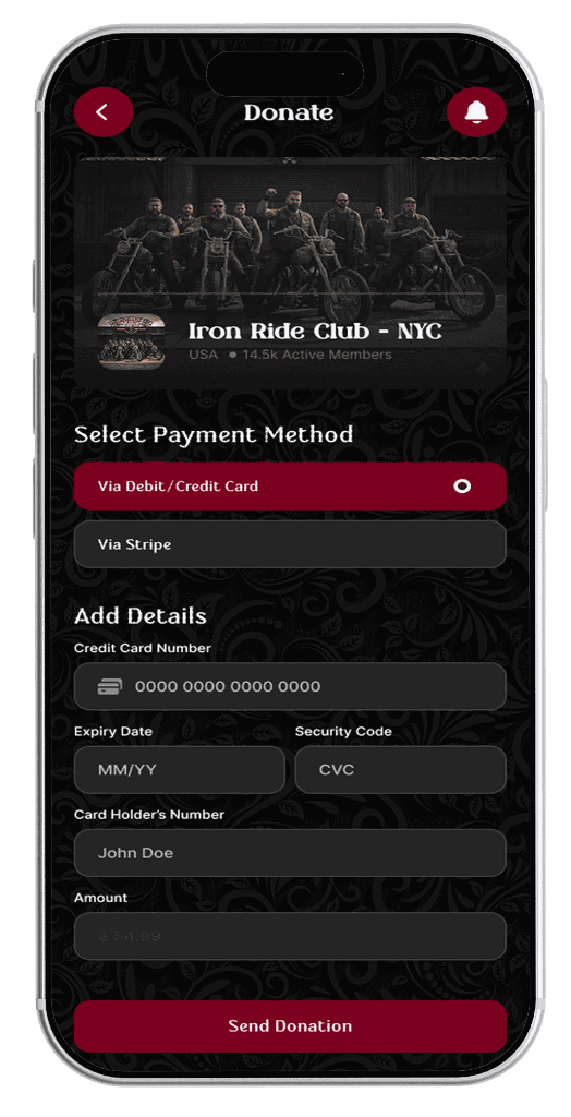 Biker World Donate screen for Iron Ride Club NYC