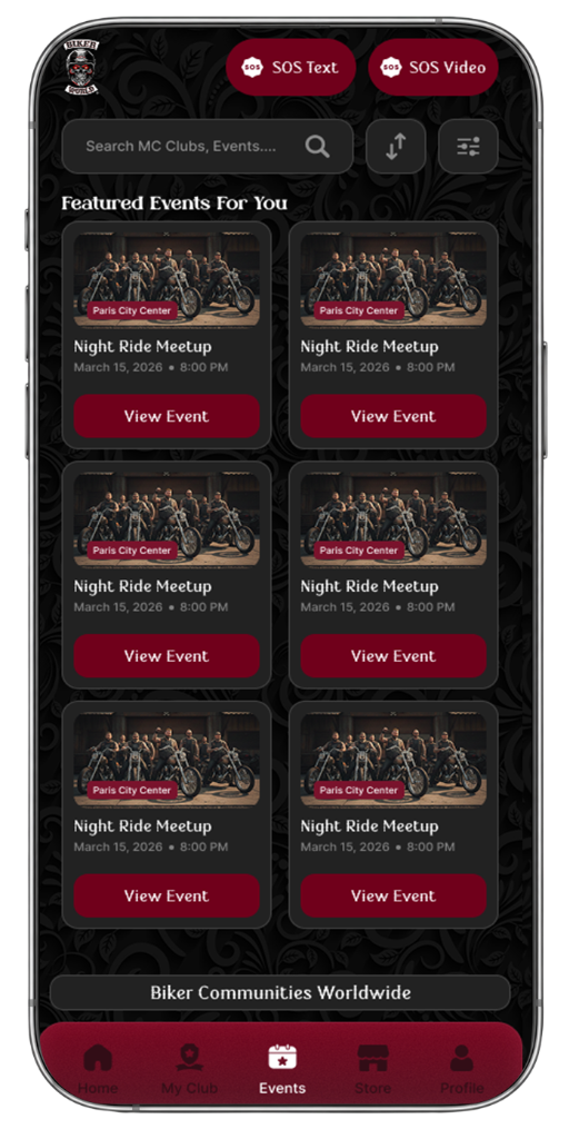 Biker World Events tab showing featured Night Ride Meetup events