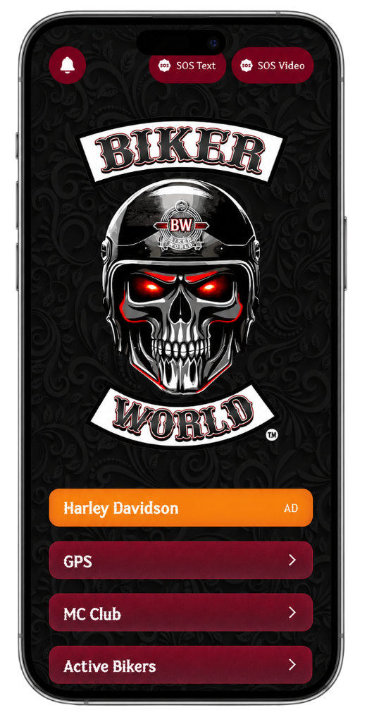 Biker World app home screen showing GPS, MC Club and Active Bikers menu