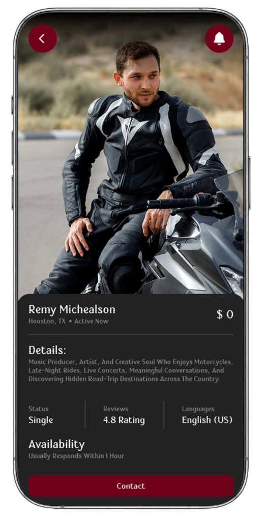 Biker World rider profile screen showing details, status and reviews